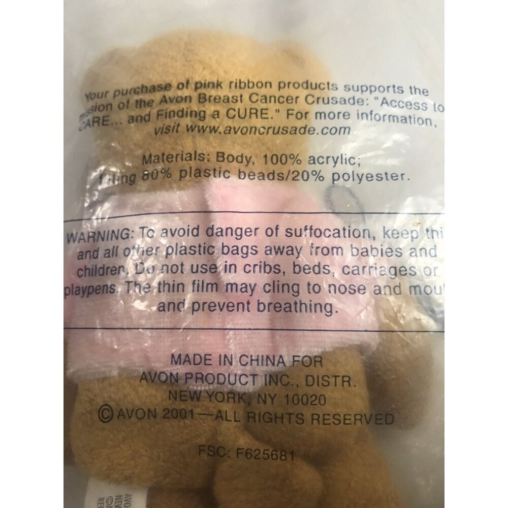 Avon 2001 Pink Ribbon Shirt Breast Cancer Bear Awareness Crusade 7” Beanie - Picture 7 of 11